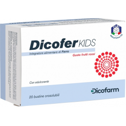 Dicofer Kids – confezione da 20 bustine orosolubili gusto frutti rossi; integratore al ferro gastroprotetto per bambini.