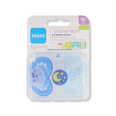 Mam Original Night Ciuccio doppio in silicone per bambini dai 16 mesi blu Mam Original Night Ciuccio doppio in silicone per bambini dai 16 mesi blu