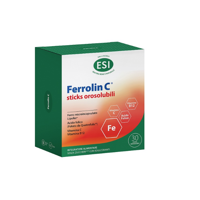 ESI Ferrolin C integratore con Ferro, Vitamina C e Acido Folico 30 stick orosolubili