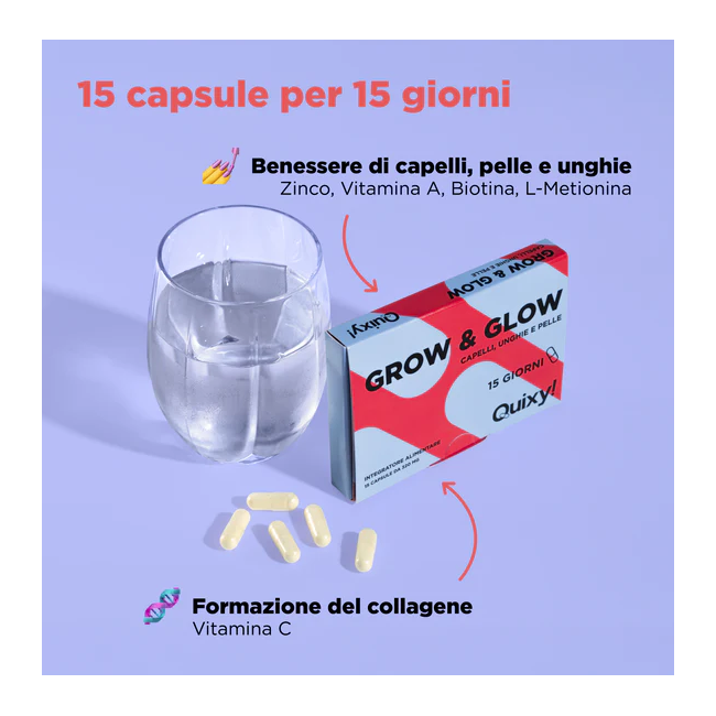Quixy Grow & Glow 15 capsule - Integratore per capelli, unghie e pelle