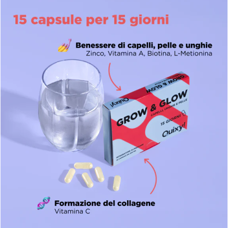 Quixy Grow & Glow 15 capsule - Integratore per capelli, unghie e pelle