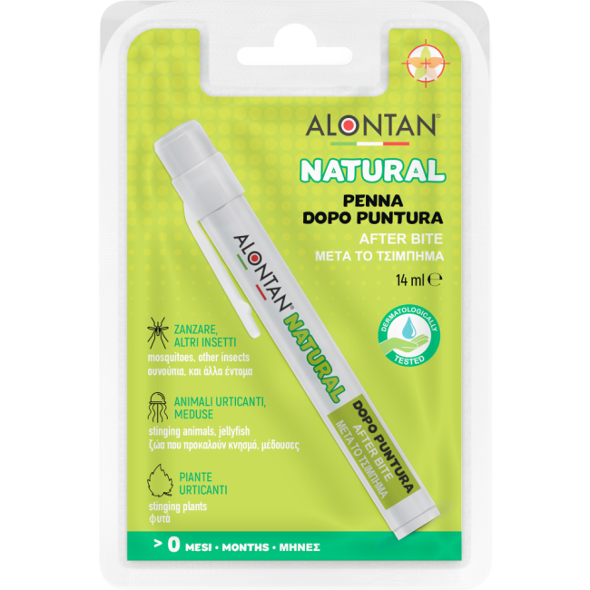 Confezione di una penna roll-on dopo puntura Alontan Natural da 14 ml. Confezione di una penna roll-on dopo puntura Alontan Natural da 14 ml.