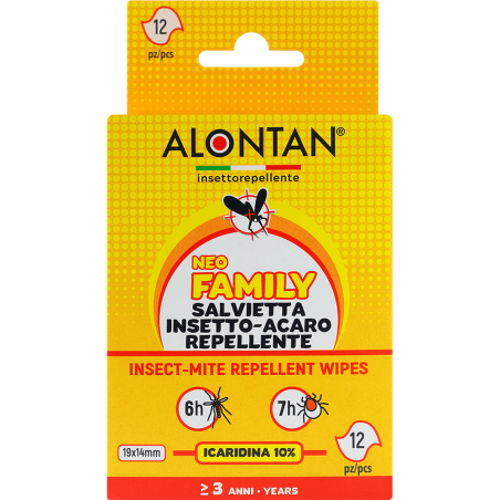 Confezione di 12 salviette monouso Alontan Neo Family. Confezione di 12 salviette monouso Alontan Neo Family.