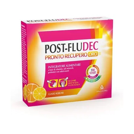 Confezione da 12 bustine di Postfludec Pronto Recupero Oro al gusto agrumi.