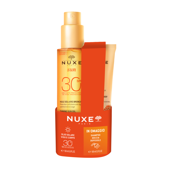 Nuxe Sun Olio abbronzante SPF 30 per viso e corpo 150 ml + shampoo doccia 100 ml OMAGGIO