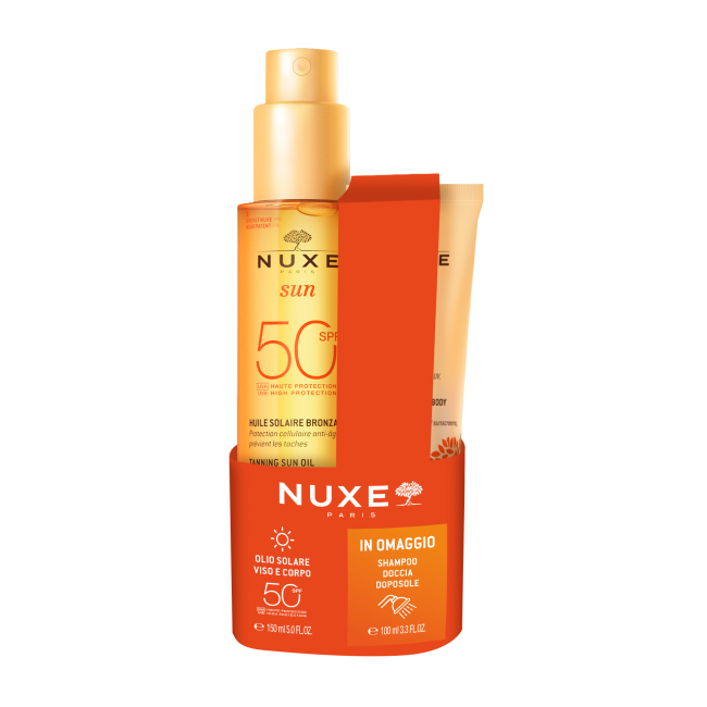 Nuxe Sun Olio solare abbronzante SPF50+ per viso e corpo 150 ml + shampoo doccia 100 ml OMAGGIO