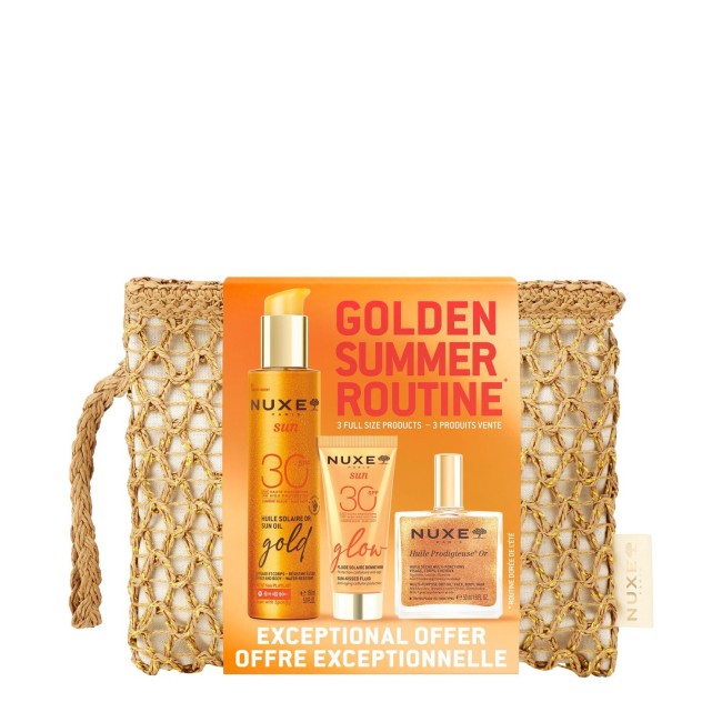 Nuxe Golden Summer Routine - Olio dorato SPF30 + fluido glow + olio prodigioso or + pochette