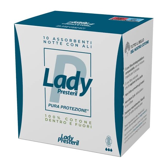 Lady Presteril Assorbenti Notte con Ali in cotone biodegradabili 10 pezzi. Lady Presteril Assorbenti Notte con Ali in cotone biodegradabili 10 pezzi.