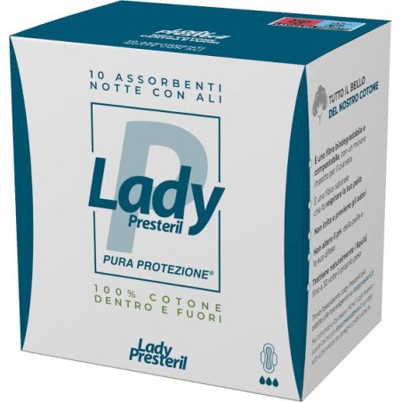 Lady Presteril Assorbenti Notte con Ali in cotone biodegradabili 10 pezzi. Lady Presteril Assorbenti Notte con Ali in cotone biodegradabili 10 pezzi.