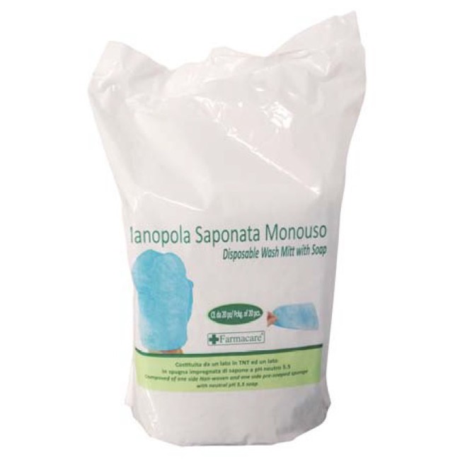 Farmacare Manopola Monouso Per Lavaggi Parziali Composta Da Una Spugna In Poliestere Saponata E Da Un Drappo In Tessuto Non Tess